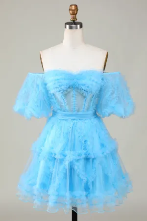 Blue Tulle Off-the-Shoulder A-Line Short Homecoming Dress