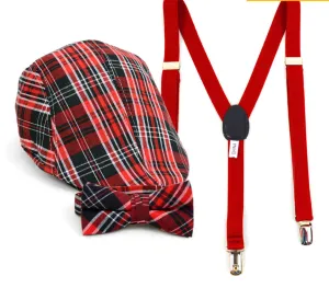 Boy's Red Plaid Clip-on Bow Tie Suspender, Matching Ivy Hat Set (4-7 Years