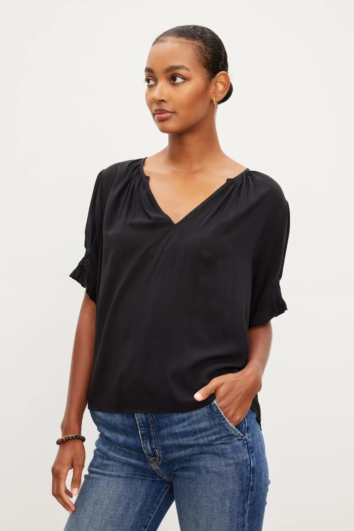 CALISSA SHORT SLEEVE RAYON CHALLIS BLOUSE - VELVET