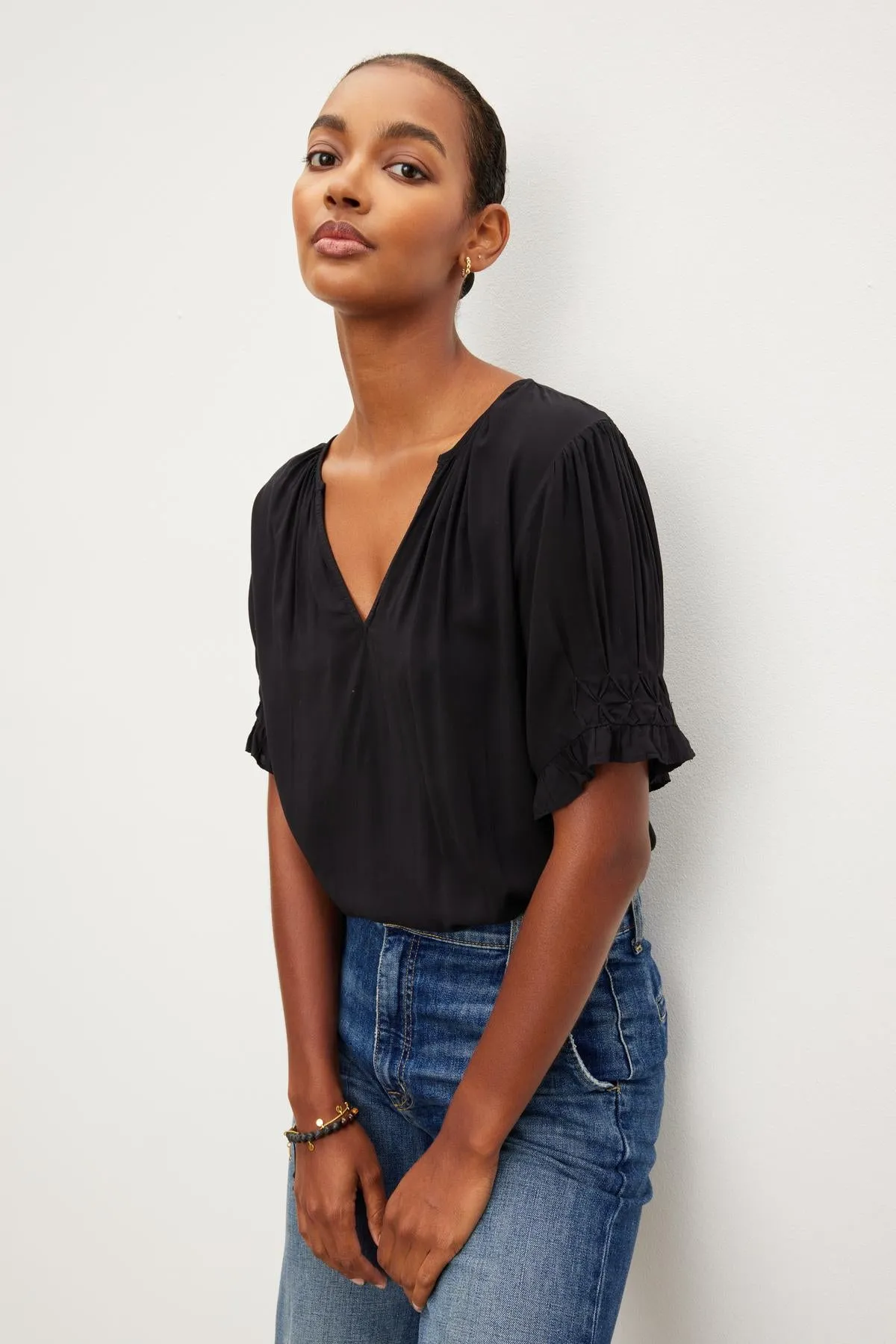 CALISSA SHORT SLEEVE RAYON CHALLIS BLOUSE - VELVET