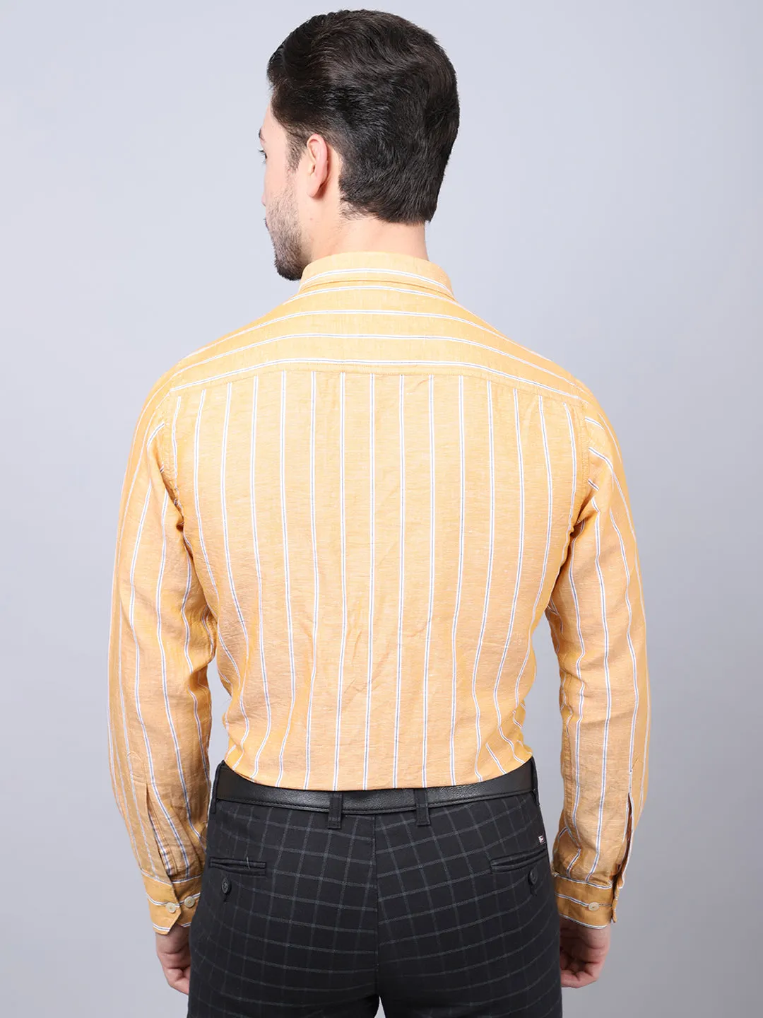 Cantabil Cotton Blend Striped Mustard Full Sleeve Casual Shirt for Men with Pocket