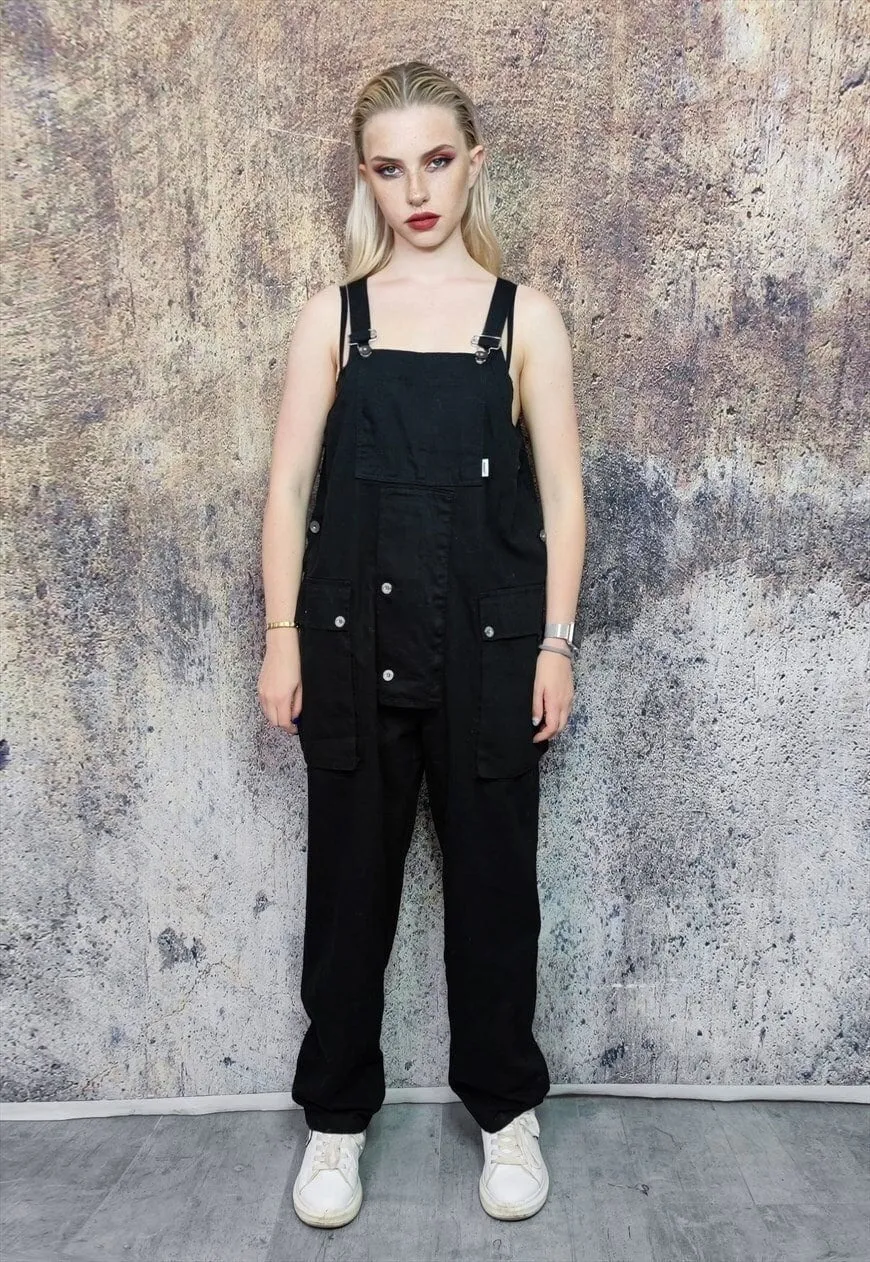 Cargo pocket dungarees work wear denim overalls in black