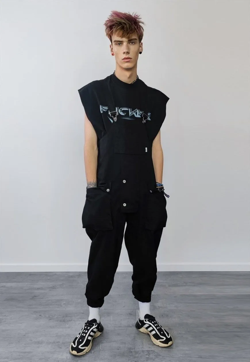 Cargo pocket dungarees work wear denim overalls in black