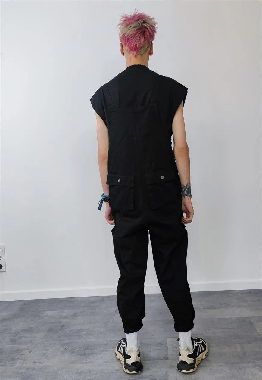 Cargo pocket dungarees work wear denim overalls in black