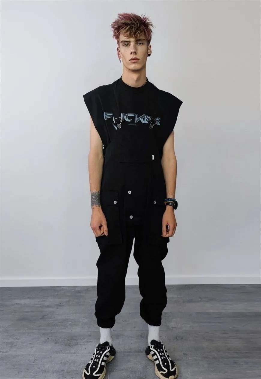 Cargo pocket dungarees work wear denim overalls in black