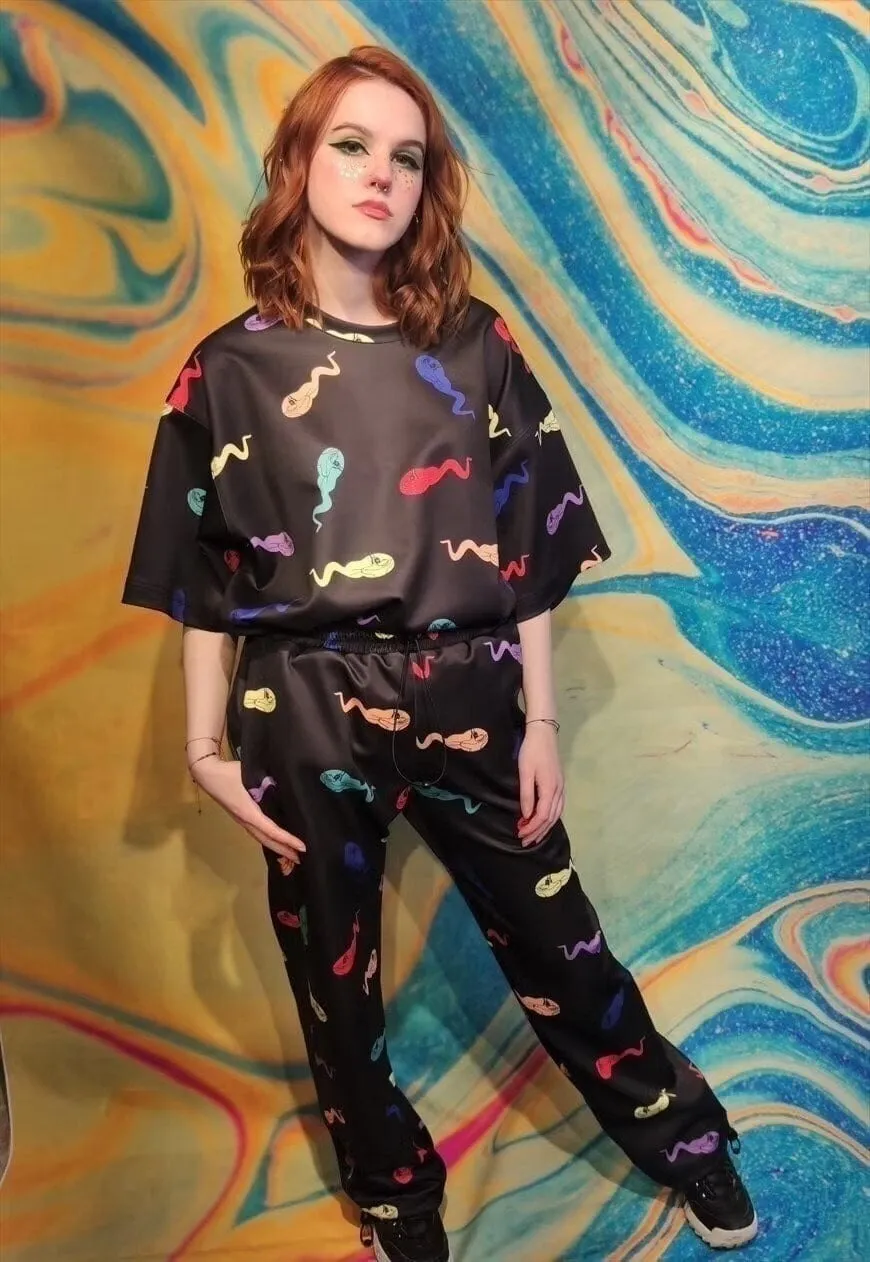 Cat print beam joggers handmade y2k cartoon emoji overalls