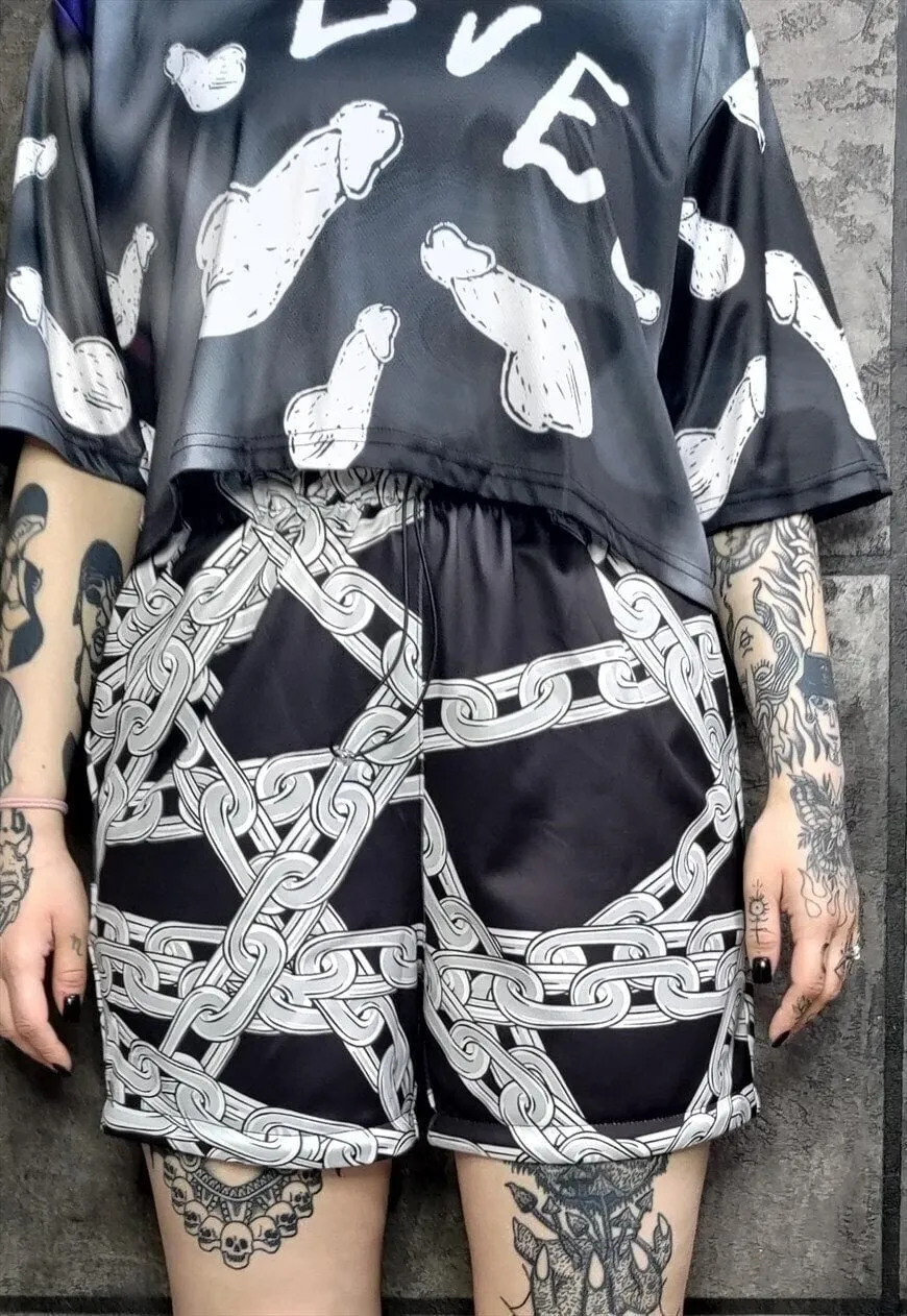 Chain print shorts handmade barbered wire overalls in black