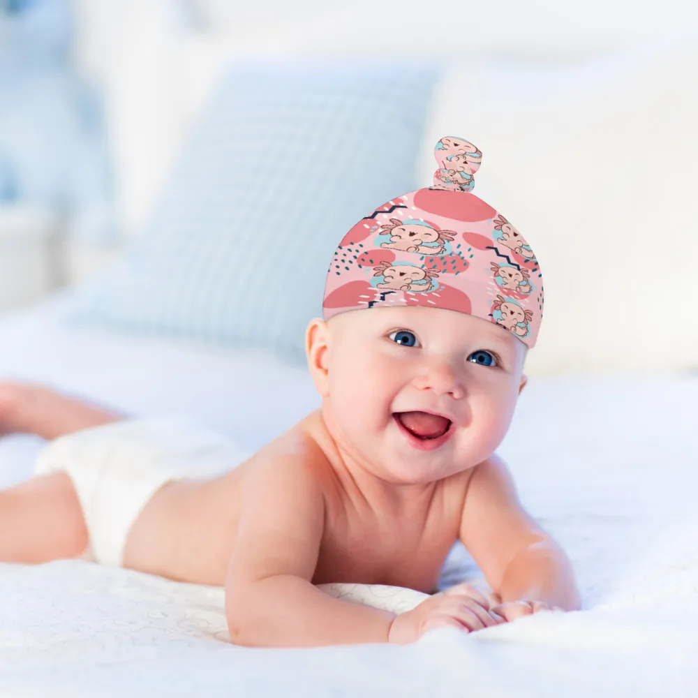 Cozy Polar Fleece Top Knot Baby Beanie; Pink Axolotls