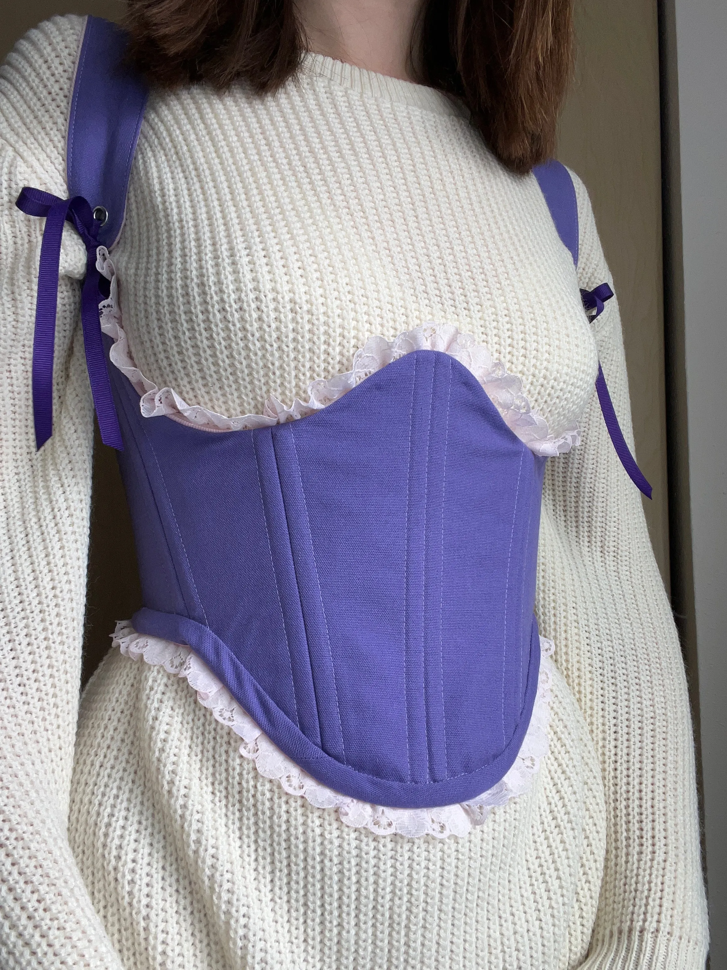 “Cupcake” reversible underbust corsage, size S-M, one side is  pink with ruffles and the other is purple 💜🩷