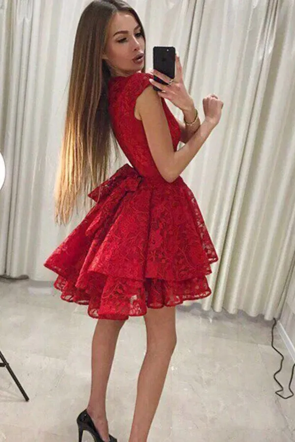 Cute Red Round Neck A-line Cap Sleeves Lace Short Homecoming Dresses, SH617