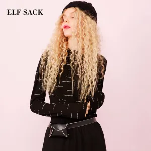 ELF SACK New Warm Woman Tshirt Turtleneck Print Vintage Long Sleeve Woman Tees Femme Streetwear T-shirt Female Clothing Tops