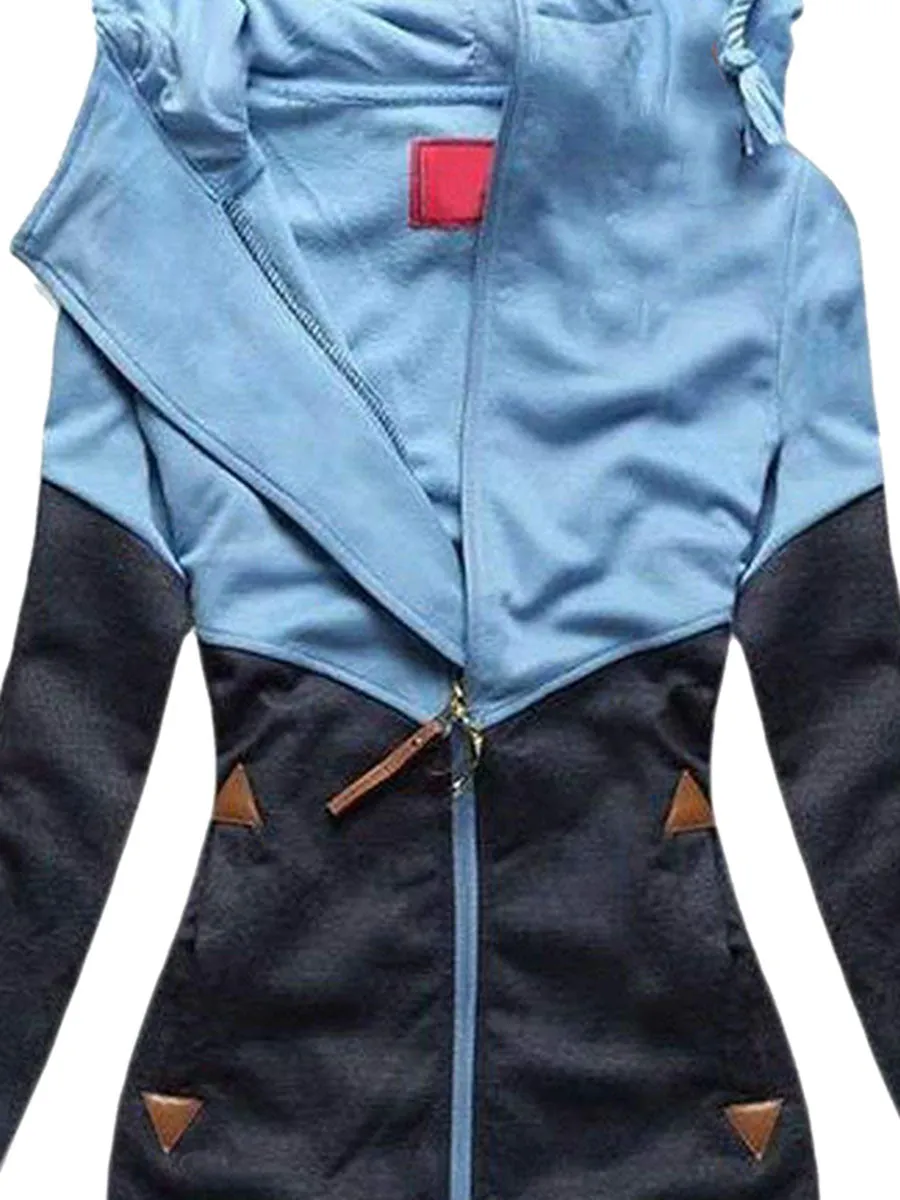 Fashion Casual Warm Zipper Hit Color Hoodie