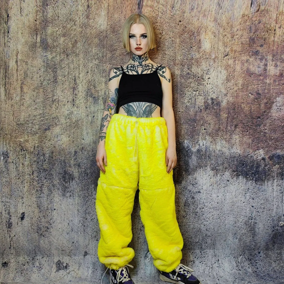 Faux fur joggers luxury detachable party pants handmade Barbie shorts fluffy premium festival overalls neon lemon yellow