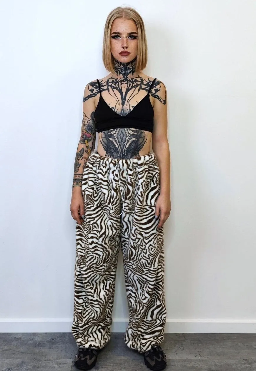 Faux fur zebra joggers animal print pants handmade stripe fleece raver trousers premium party overalls in zigzag festival pants brown beige