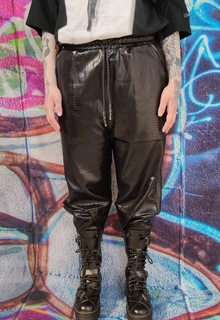 Faux leather joggers PU cropped snake overalls in black