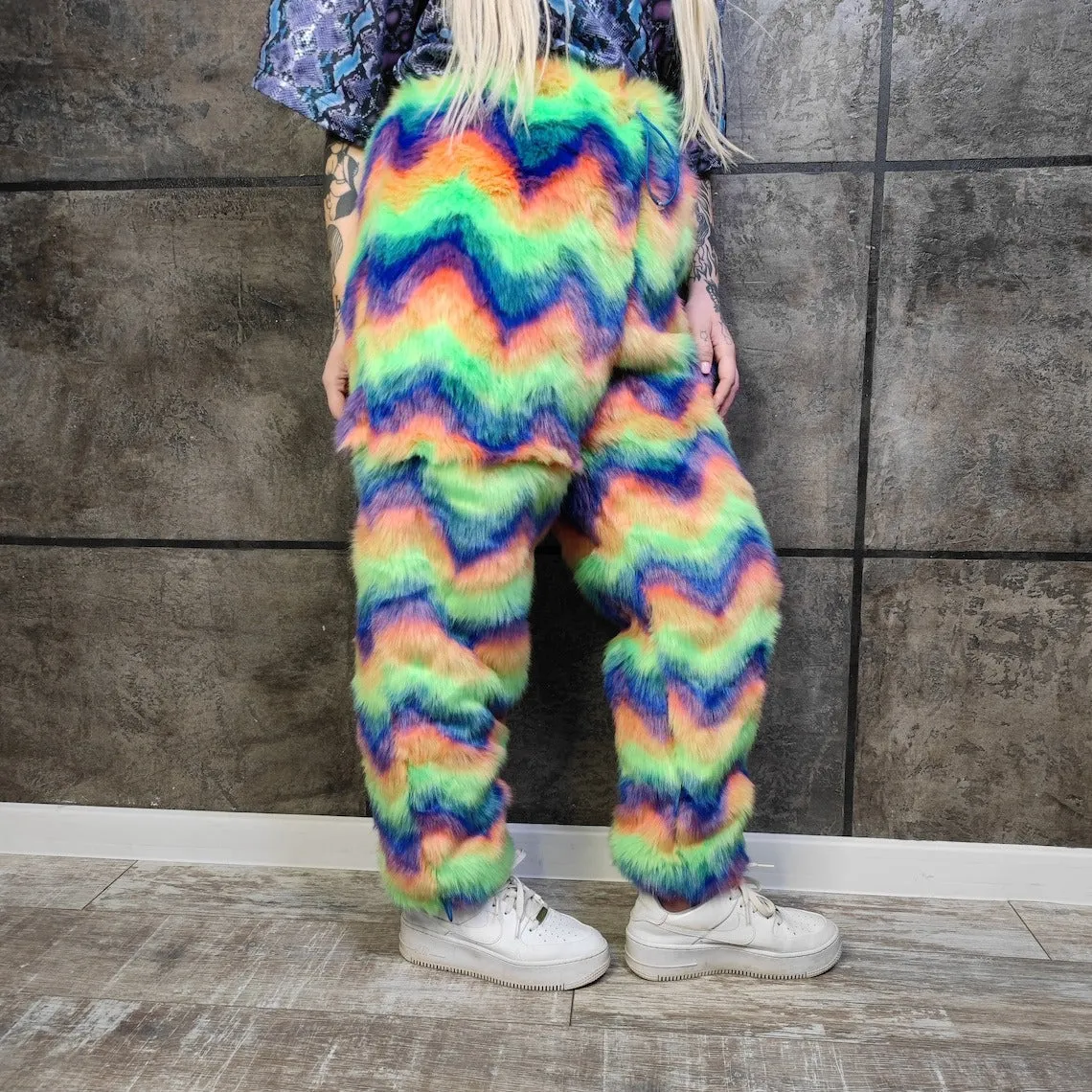 Festival fleece joggers luminous detachable Gay pants handmade fluorescent faux fur raver shorts premium Pride overalls in electric rainbow