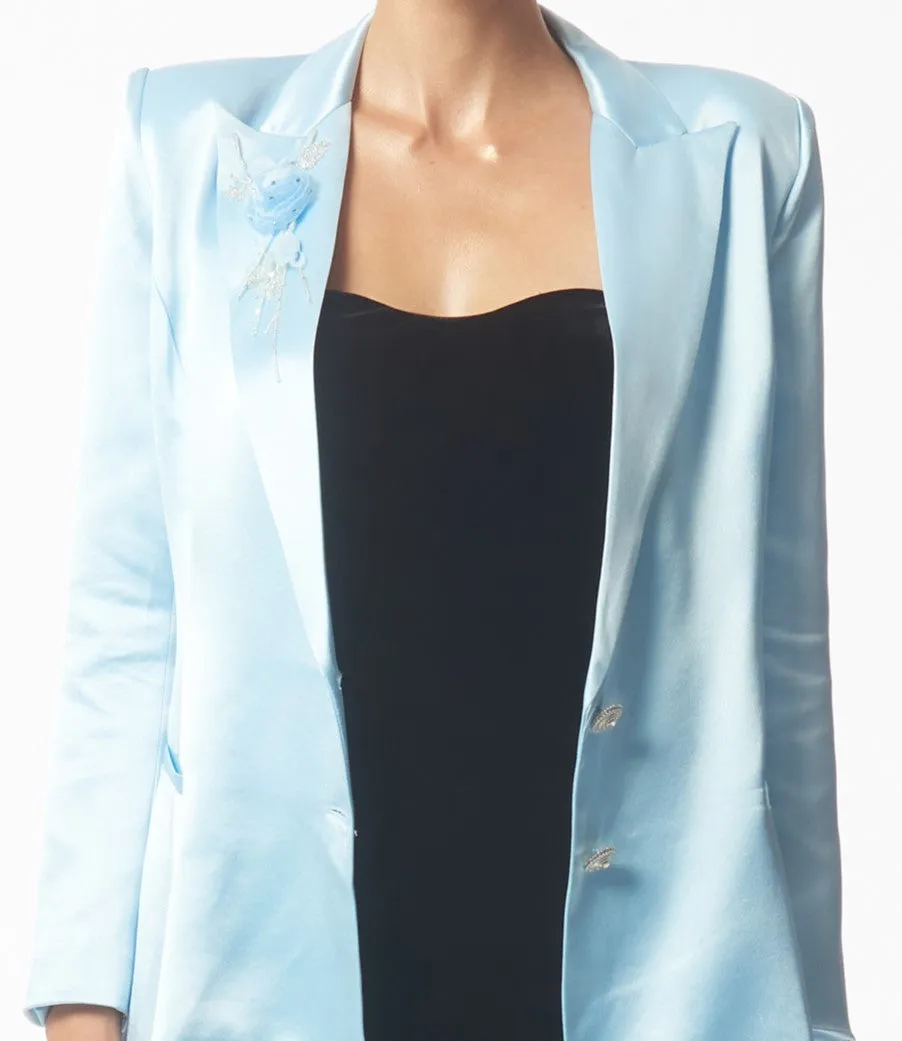 Floral Applique Crystal Embellished Satin Blazer Jacket in Baby Blue