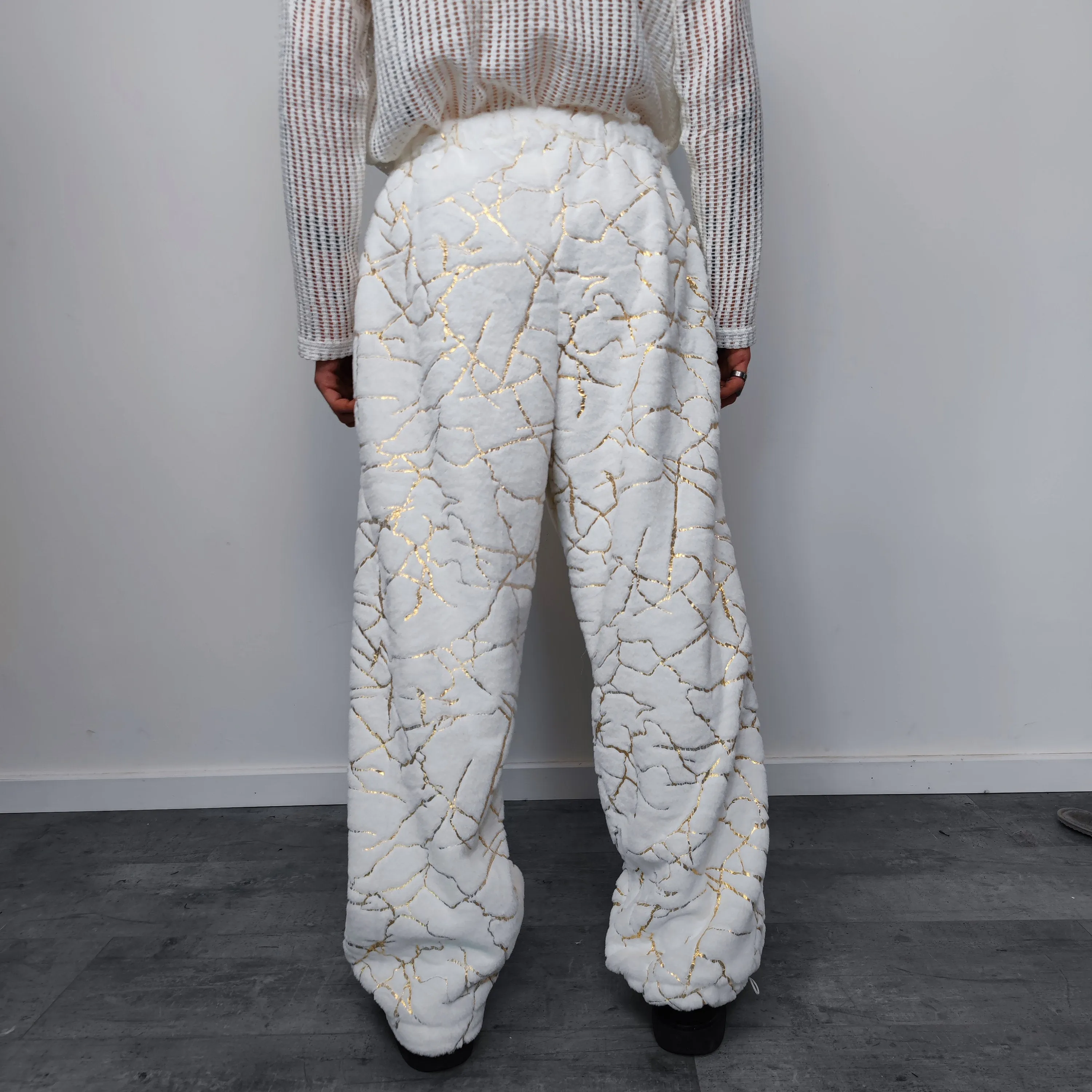 Golden faux fur joggers metallic pants handmade luminous fleece raver trousers premium party overalls in white and gold