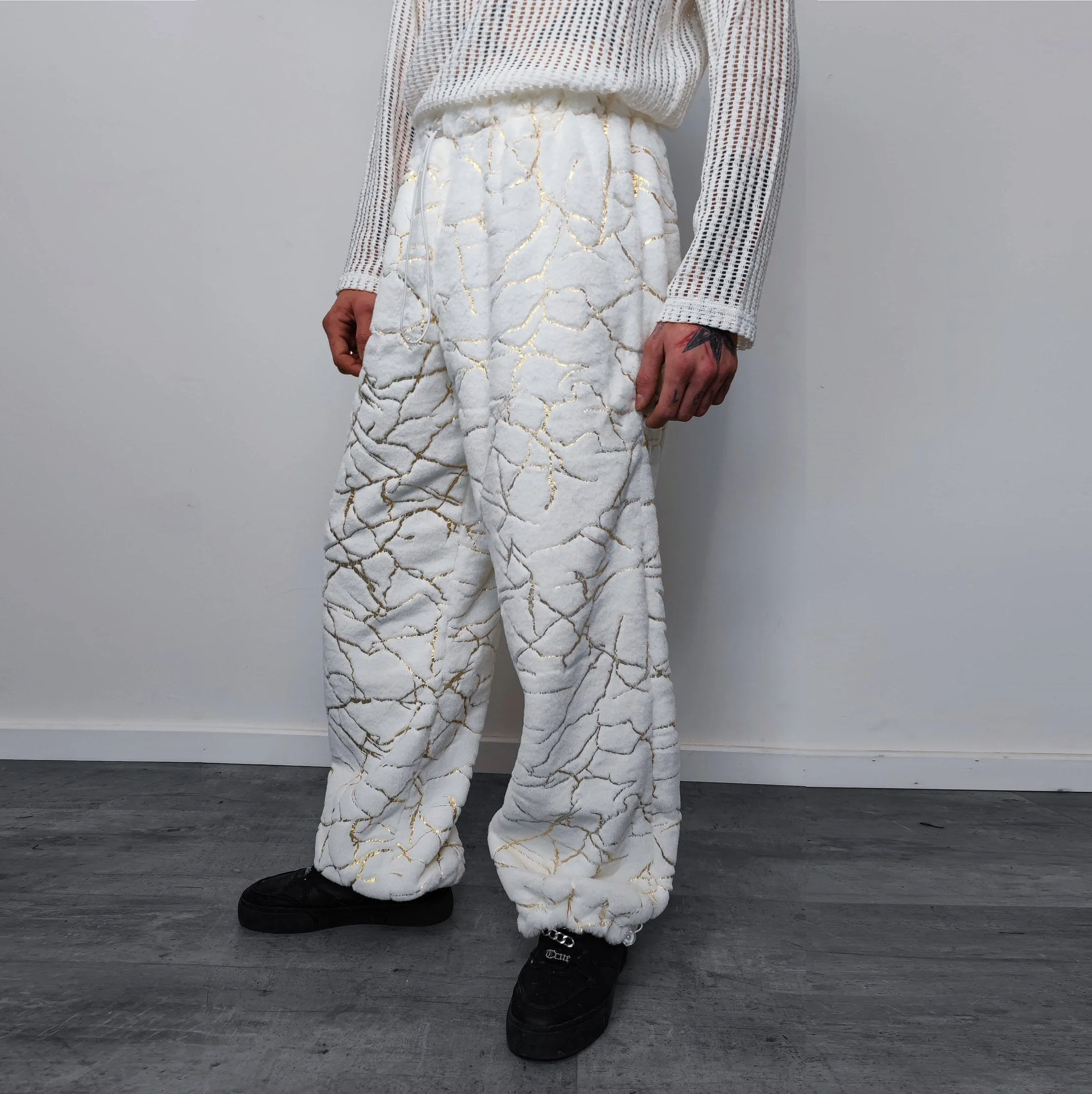 Golden faux fur joggers metallic pants handmade luminous fleece raver trousers premium party overalls in white and gold