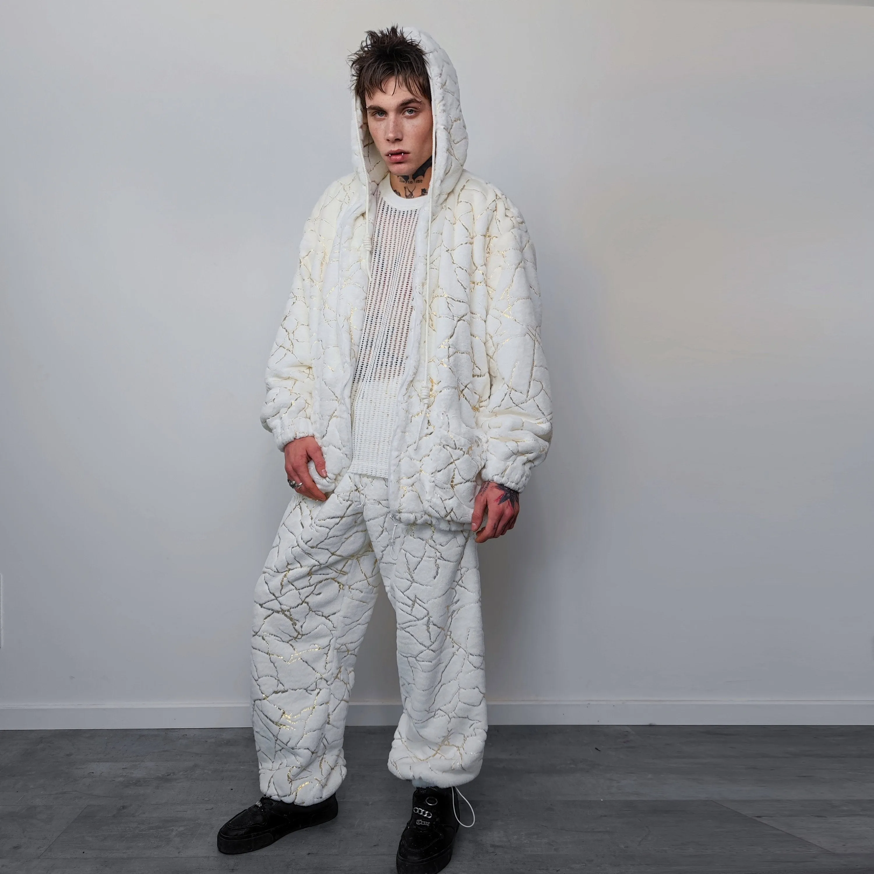 Golden faux fur joggers metallic pants handmade luminous fleece raver trousers premium party overalls in white and gold