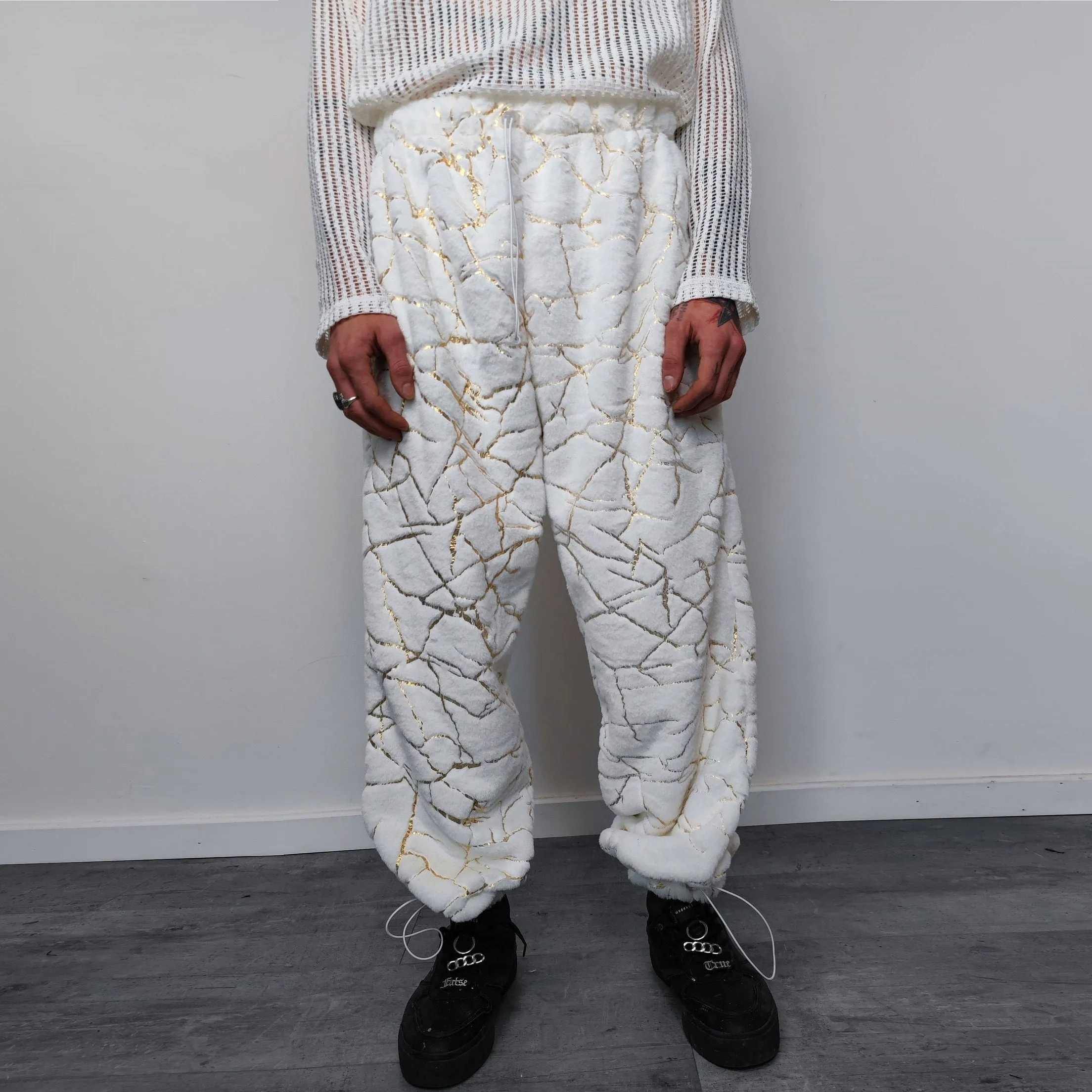 Golden faux fur joggers metallic pants handmade luminous fleece raver trousers premium party overalls in white and gold