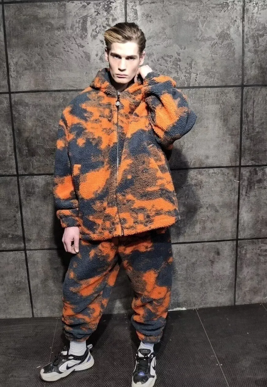 Gradient fleece joggers handmade retro camo overalls orange