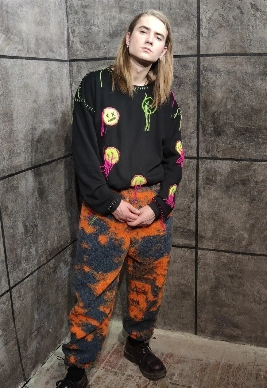 Gradient fleece joggers handmade retro camo overalls orange