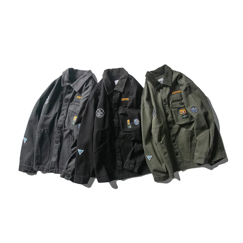 Green Varsity Jacket Spring Retro Distressed Overalls Men's Loose Street Multi-Pocket Polo Collar Jacket