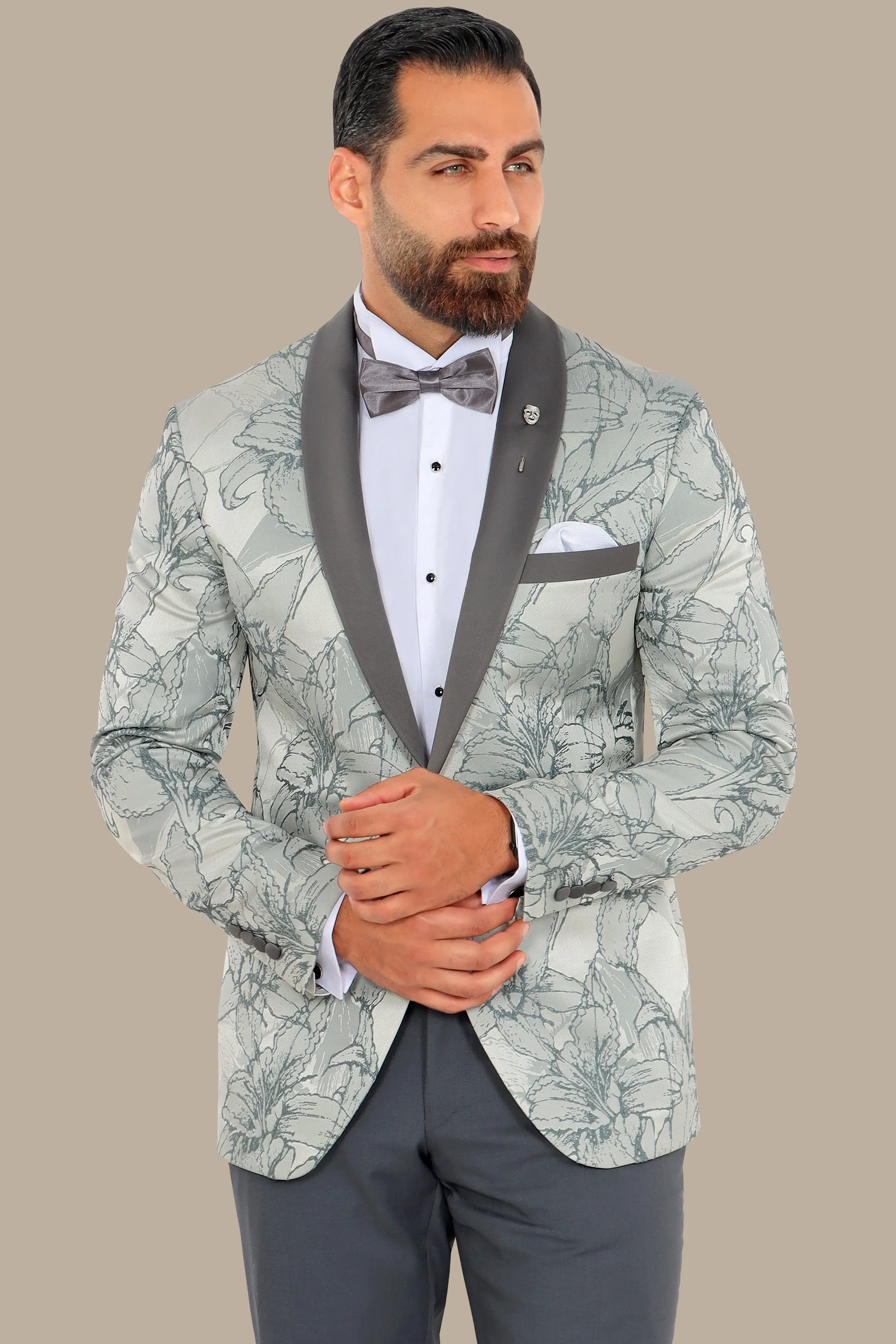 Grey Jacquard Blazer with Col Chale