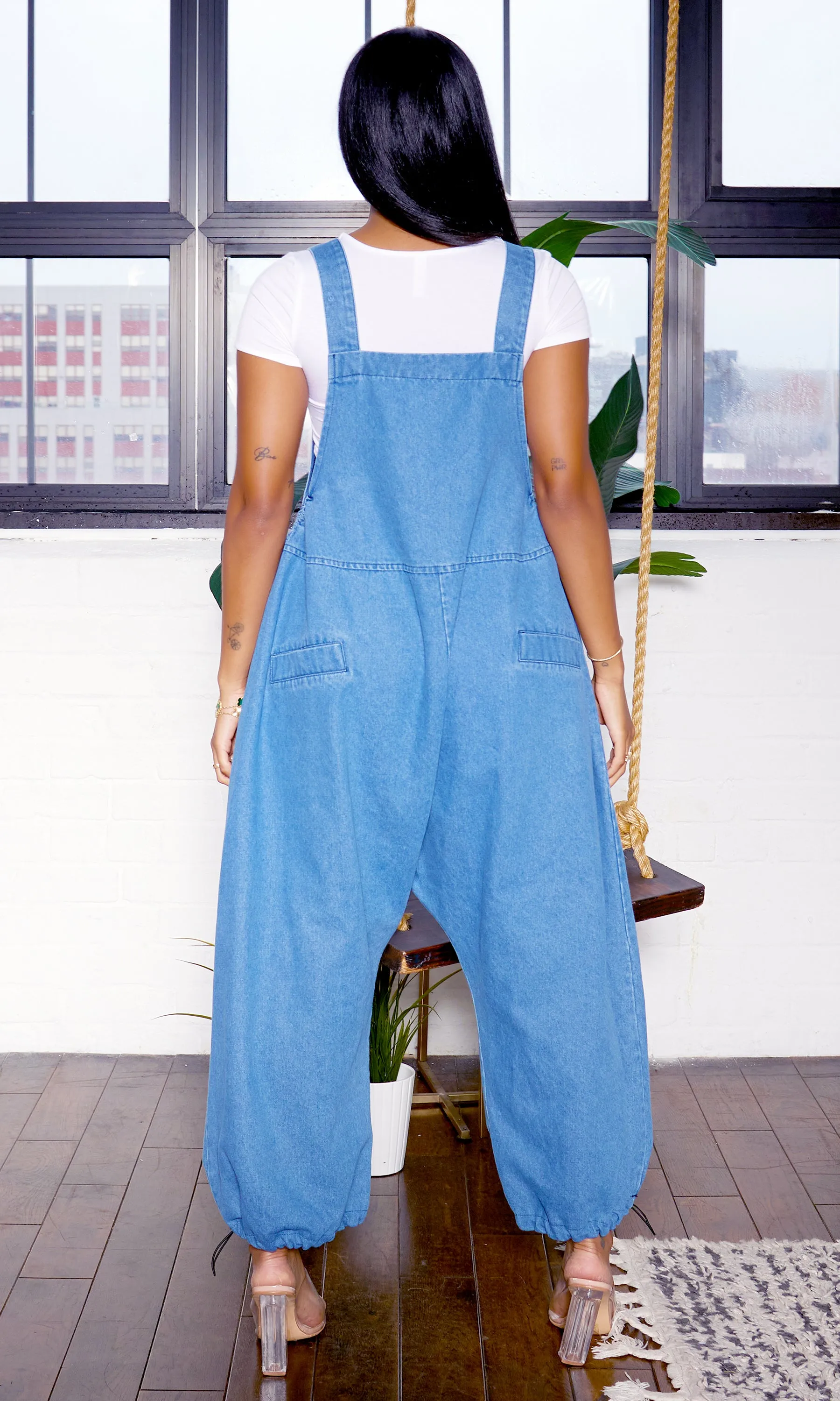 Harem Denim Overall Jumpsuit - Blue