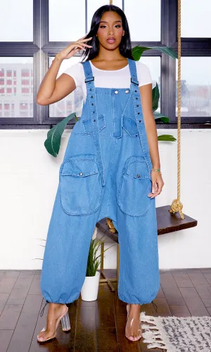 Harem Denim Overall Jumpsuit - Blue