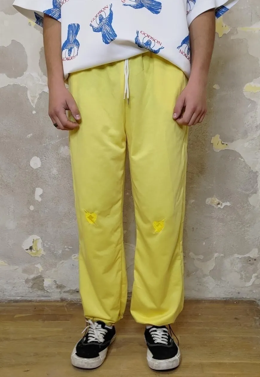 Heart embroidery joggers thin bright overalls in yellow