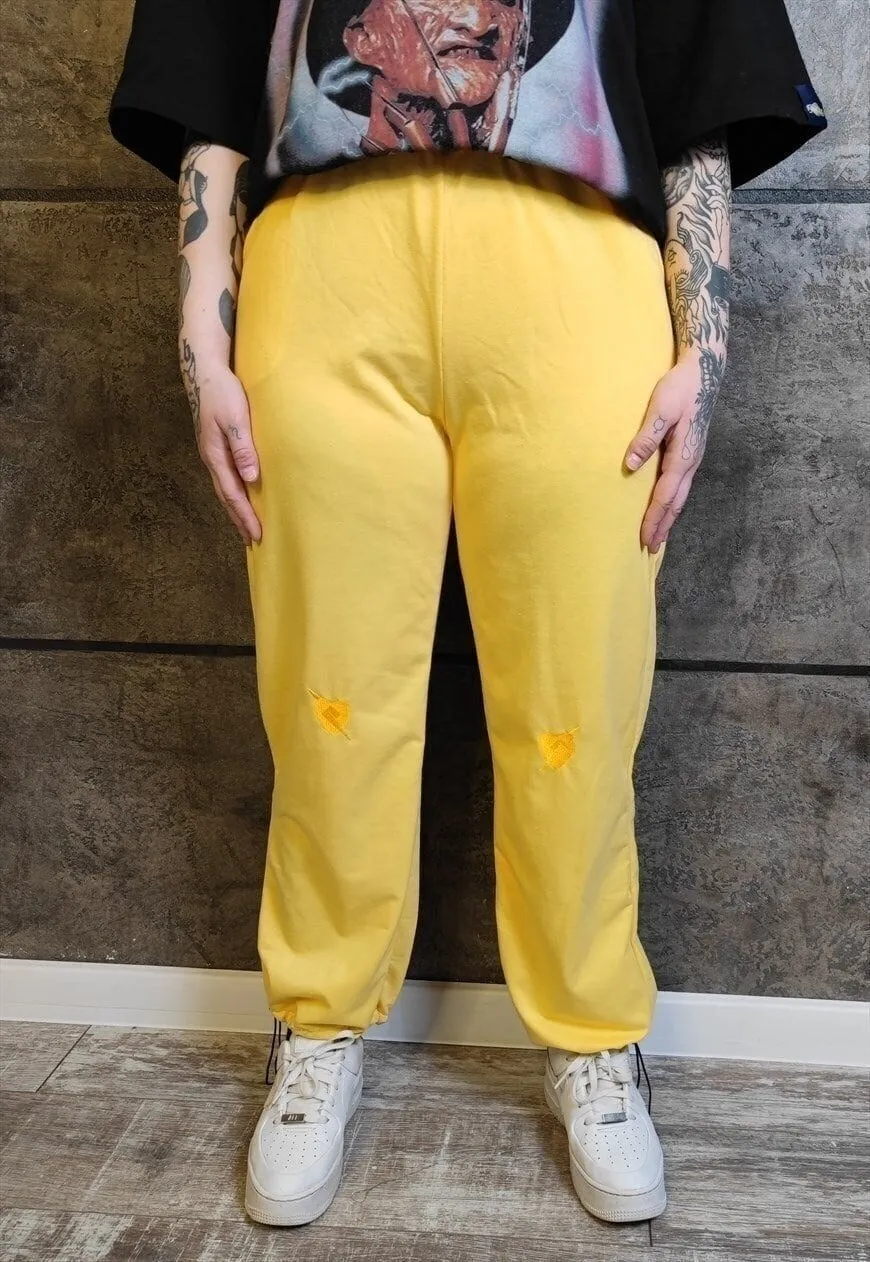 Heart embroidery joggers thin bright overalls in yellow