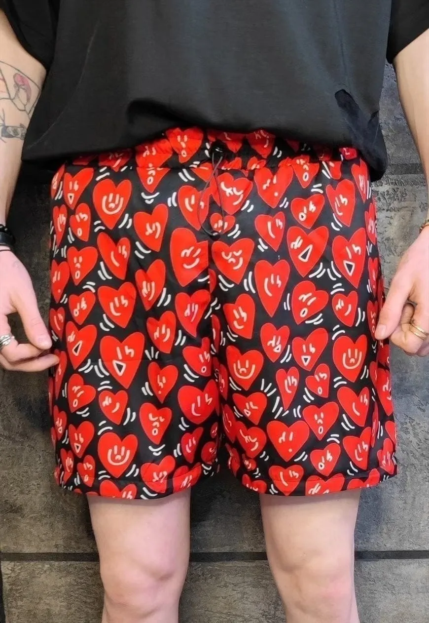 Heart print shorts handmade thin love overalls in red black