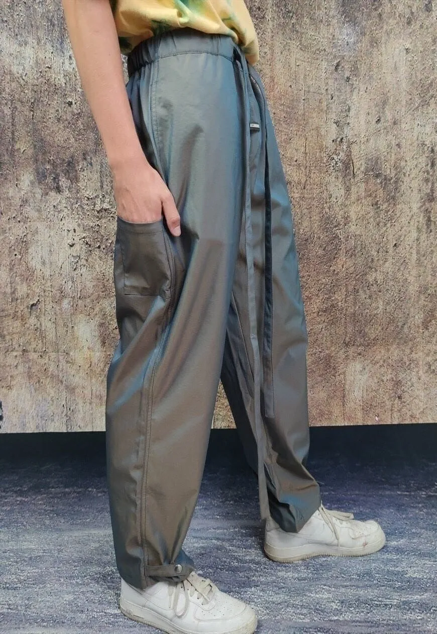 Luminous joggers baggy fit y2k shiny overalls silver green