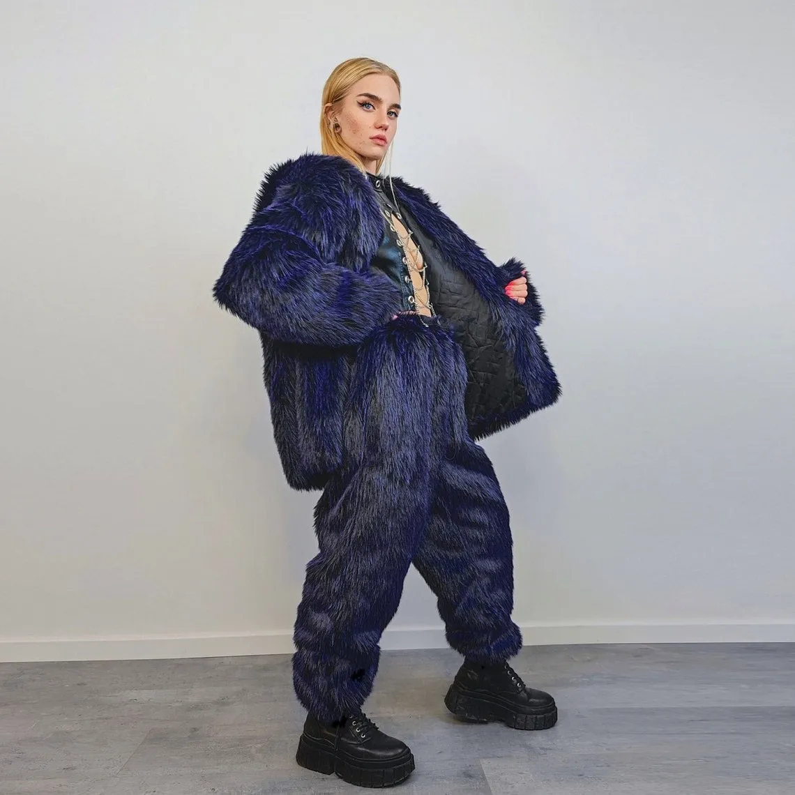 Luxury faux fur joggers luminous raver pants fluffy punk trousers skiing fleece shaggy overalls festival bottoms burning man pants in blue