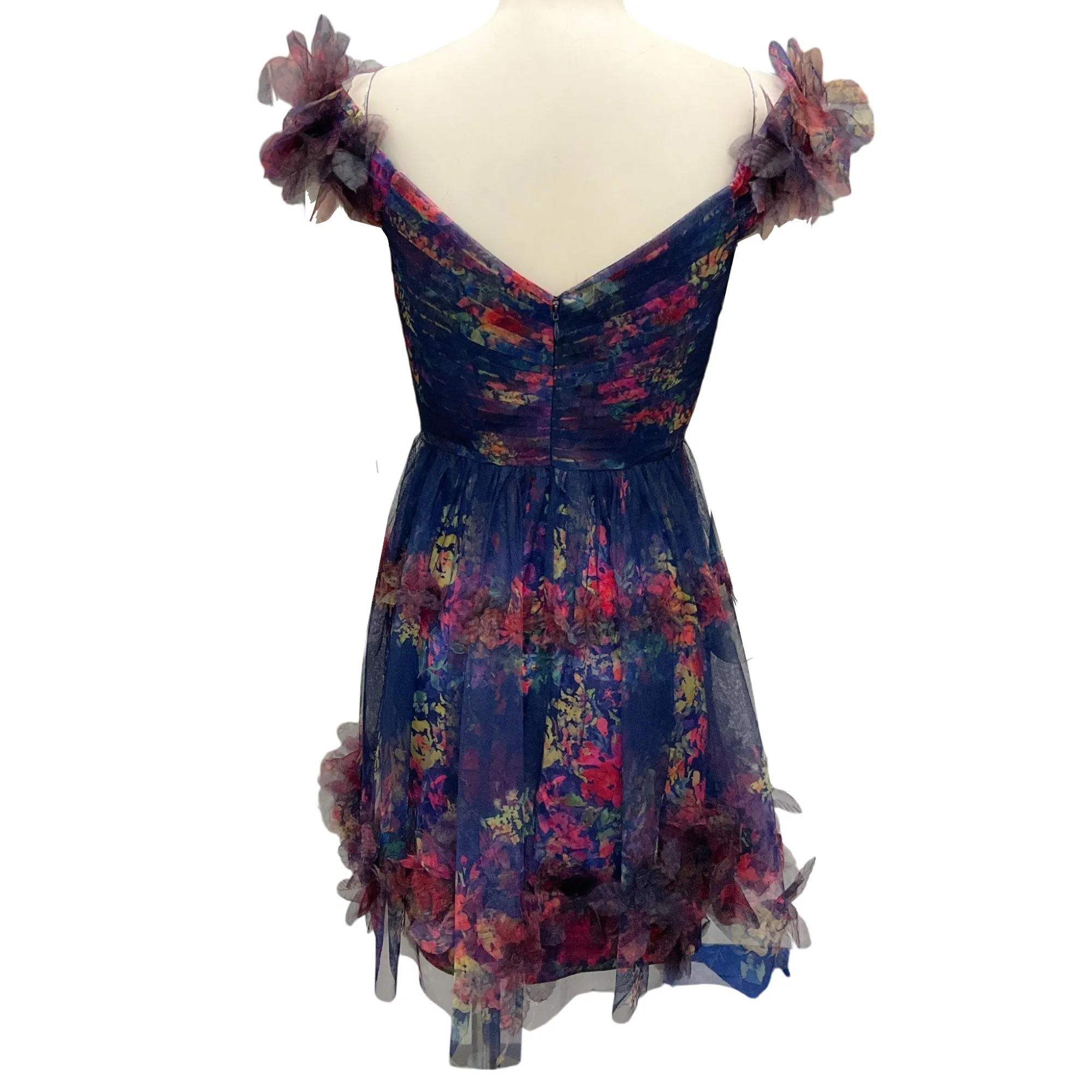 Marchesa Notte Navy Blue Multi Watercolor Garland Mini Dress