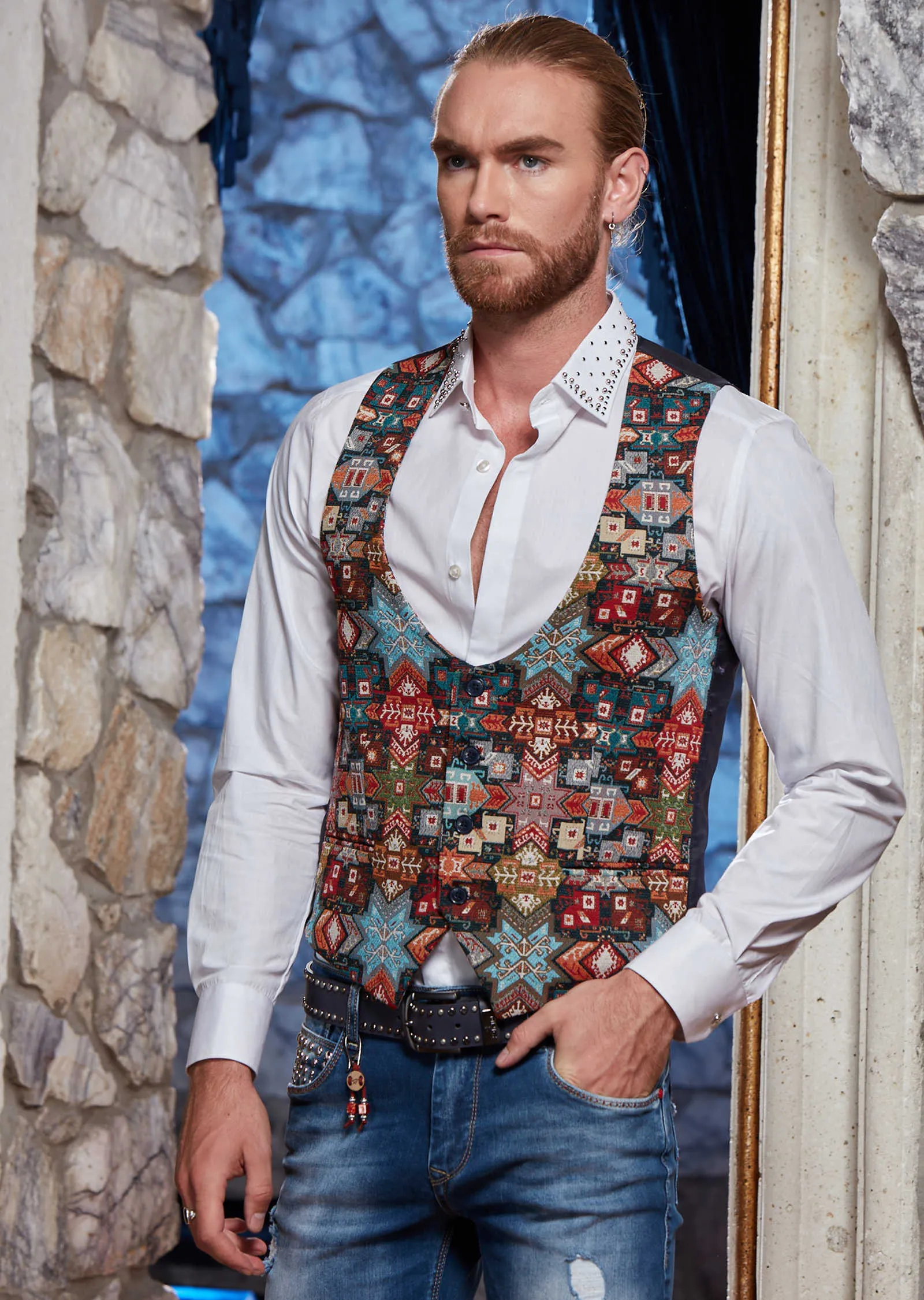 Multi-Color Weaved Oriental Print Vest