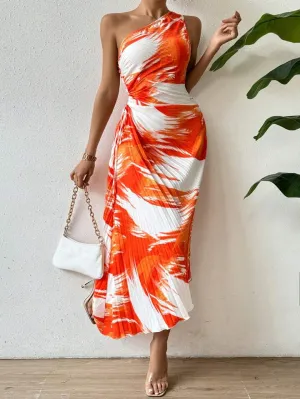 One shoulder sleeve pleated dress in orange