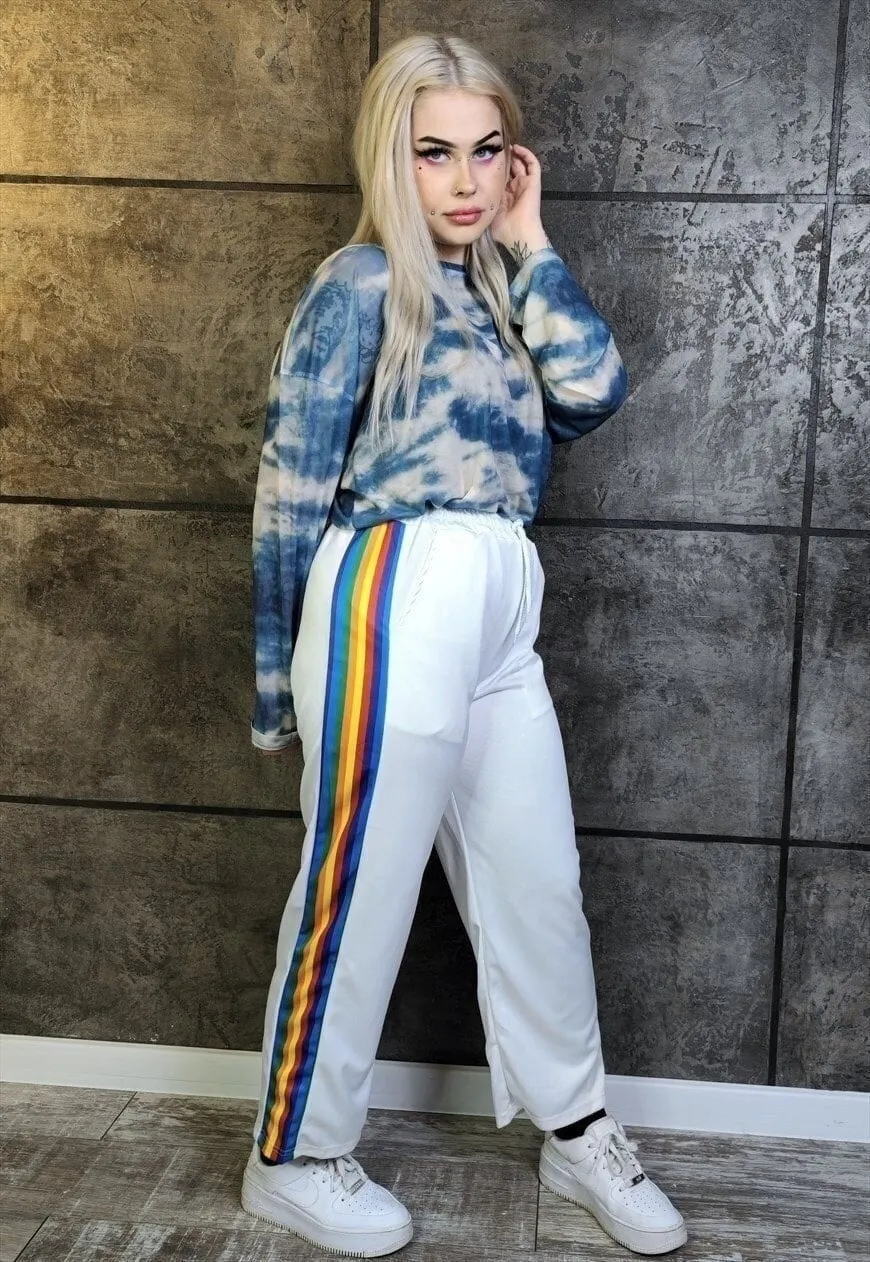 Rainbow panel joggers thin bright overalls in white