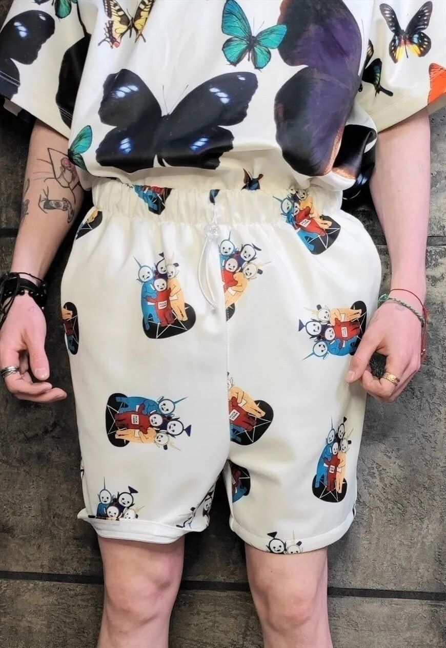 Retro cartoon shorts handmade alien cartoon overalls white