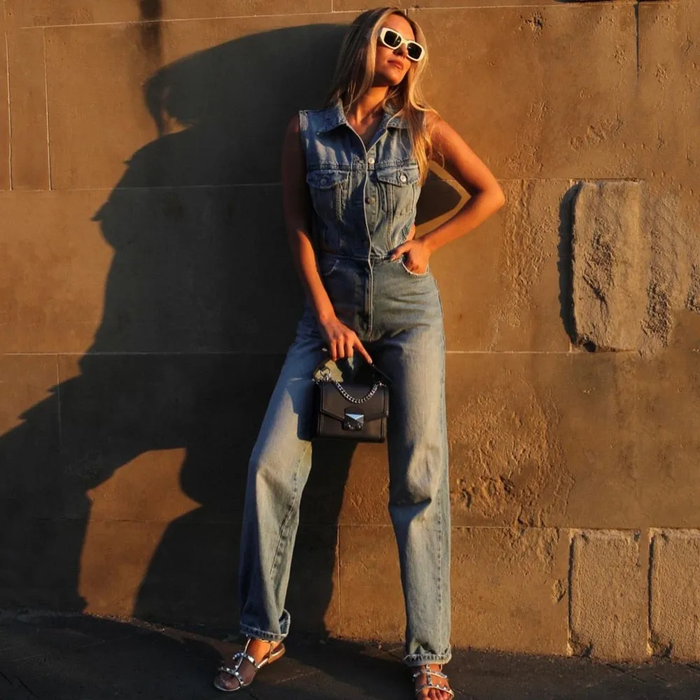 Retro High-waist Denim Overalls