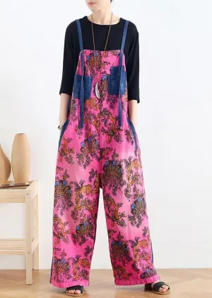 Retro national style rose printed loose denim overalls