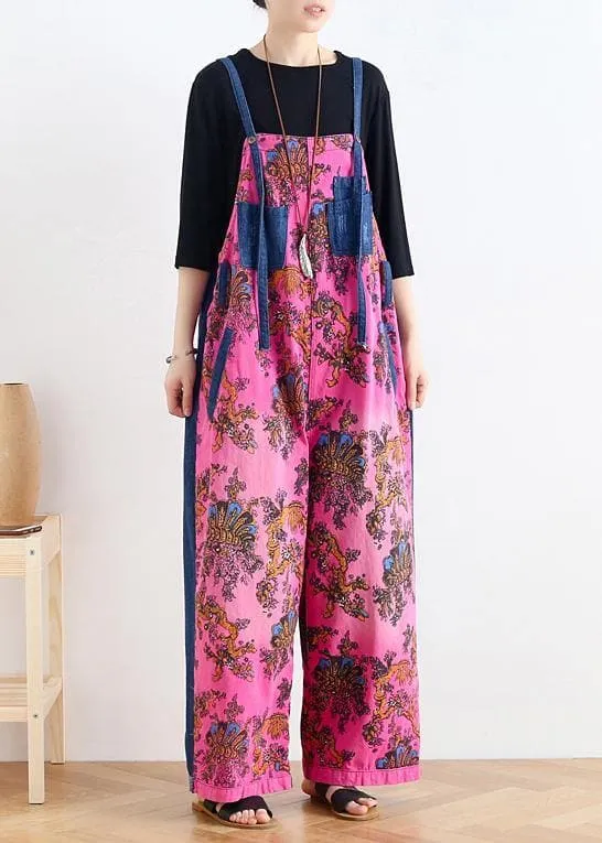 Retro national style rose printed loose denim overalls