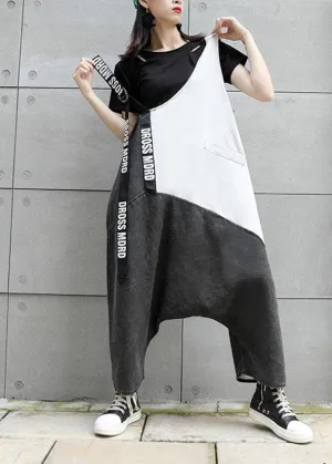 Strap  retro black gray patchwork overalls casual pants jeans women