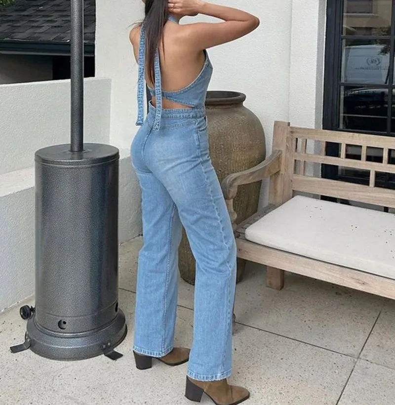 TAVIMART  -  New Women Denim Jumpsuit Lace-up Sleeveless Jean Overalls Jumpsuits Backless Streetwear Female Fashion V-Neck Lady Rompers