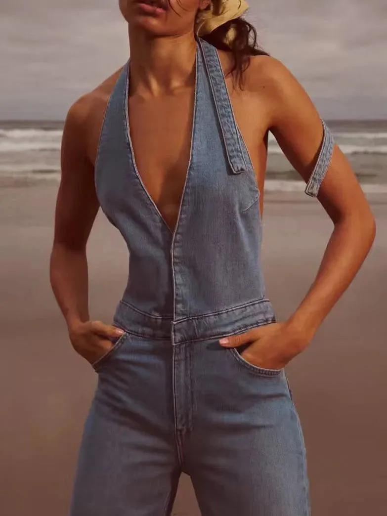 TAVIMART  -  New Women Denim Jumpsuit Lace-up Sleeveless Jean Overalls Jumpsuits Backless Streetwear Female Fashion V-Neck Lady Rompers