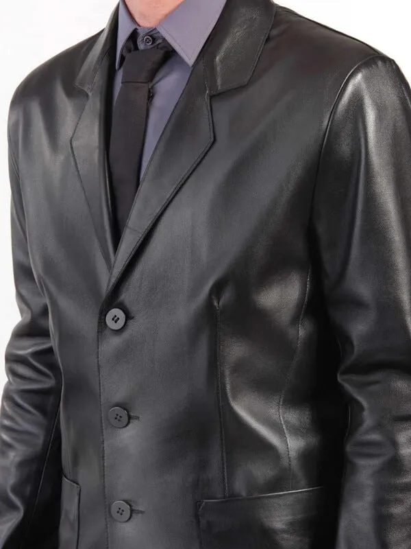 Three-Button Blazer Style Black Leather Coat for Men