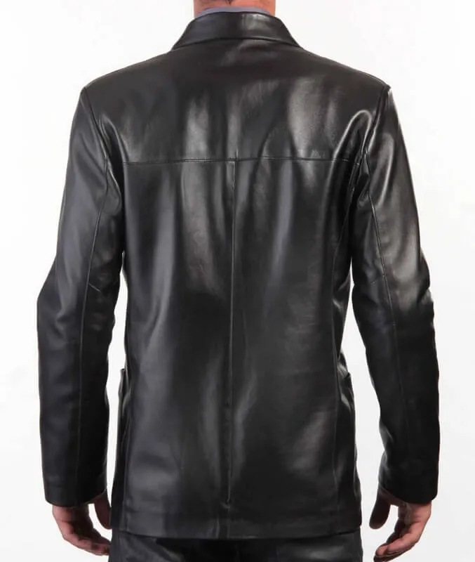 Three-Button Blazer Style Black Leather Coat for Men