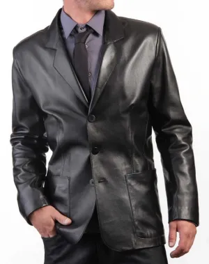 Three-Button Blazer Style Black Leather Coat for Men